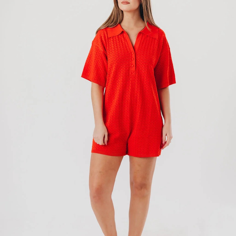 Selena Relaxed Fit Knit Romper in Tomato Red